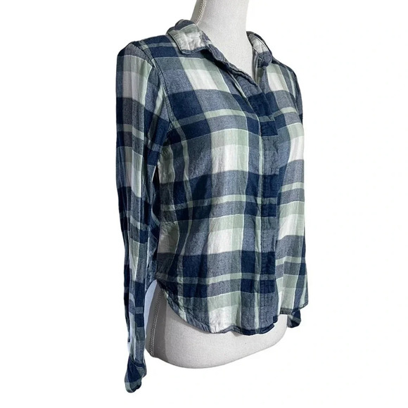 Bella Dahl Plaid Button Up Top Size XS Blue Green Pleated Slit Backside Collared - Picture 3 of 8